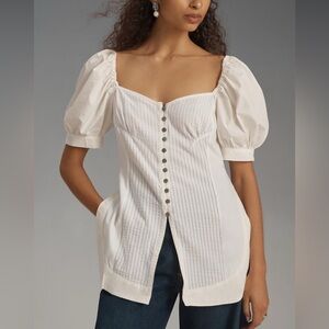 Maeve Anthropologie White Puff Sleeve Sweetheart Top